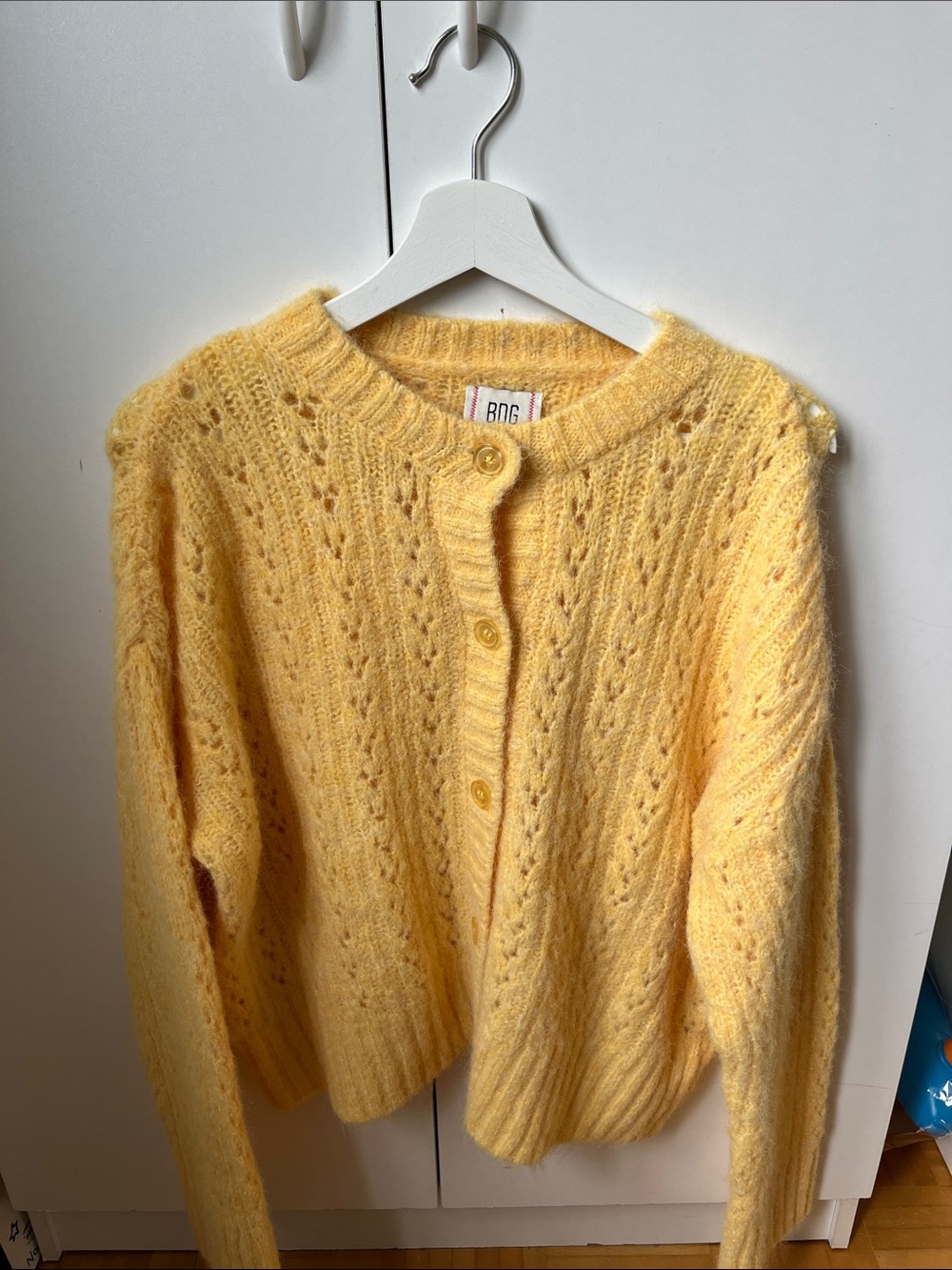 BDG Pale Yellow Openwork Knit Button Cardigan